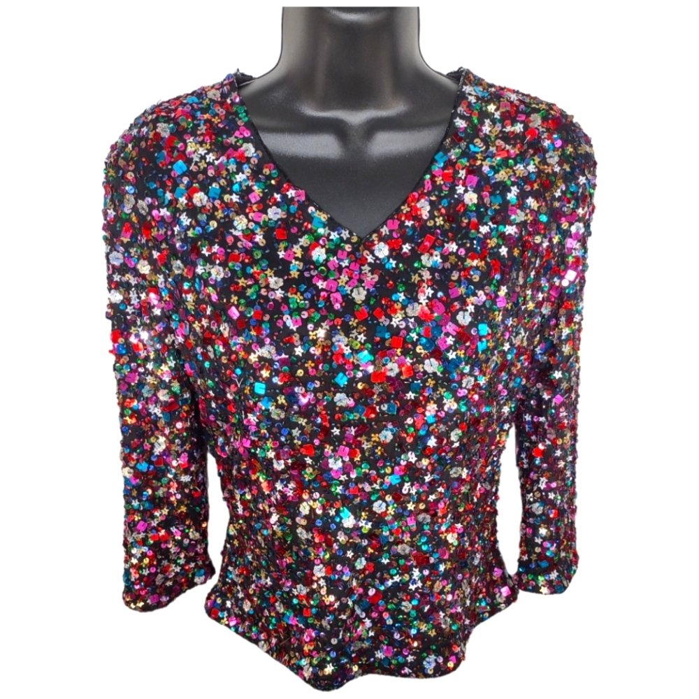 Vintage 90s Classic Creations Fully Sequin 3/4 Sleeve Top, Petite Small